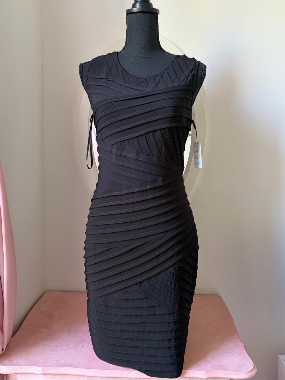 Calvin Klein Black Sleeveless Layered Banding Midi Dress
